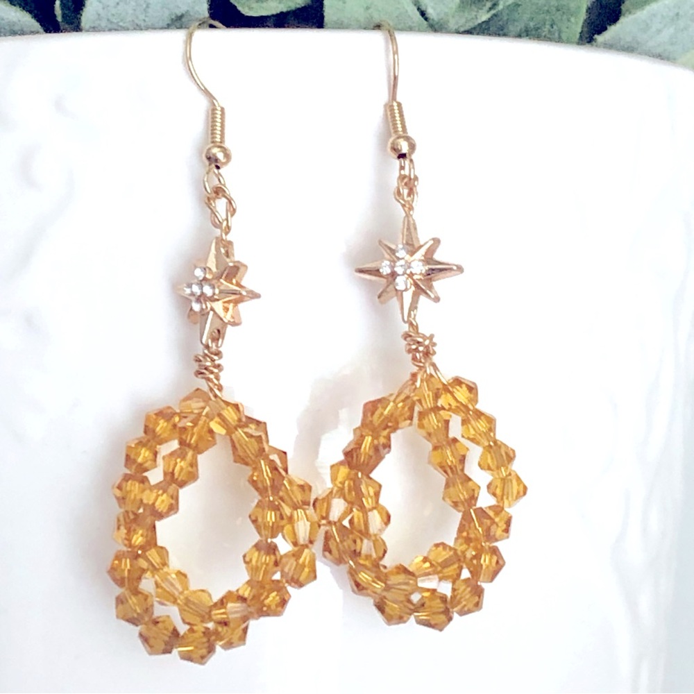 New Fireworks Star Hand Crafted Dangling Hoop Earrings Glass Crystal Beaded